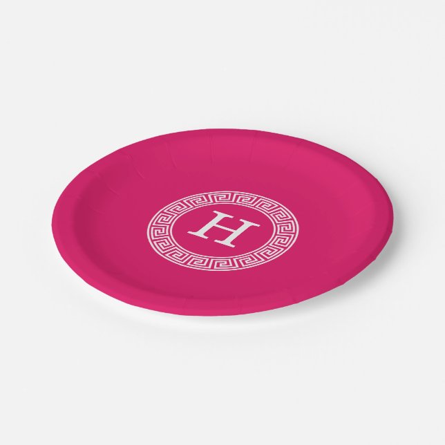 Raspberry Wht Greek Key Rnd Frame Initial Monogram Paper Plate (Angled)