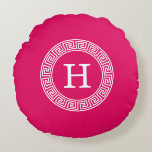 Raspberry Wht Greek Key Rnd Frame Initial Monogram Round Cushion