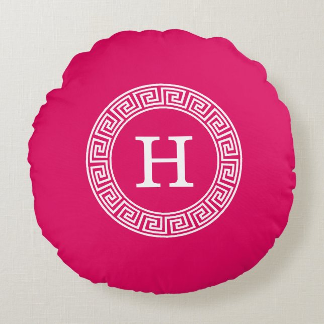 Raspberry Wht Greek Key Rnd Frame Initial Monogram Round Cushion (Front)