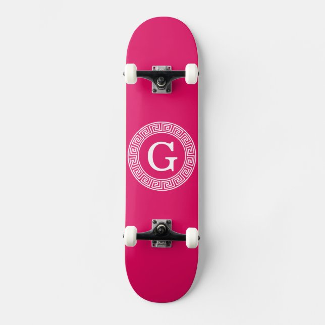 Raspberry Wht Greek Key Rnd Frame Initial Monogram Skateboard (Front)