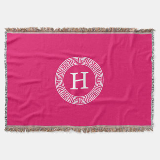Raspberry Wht Greek Key Rnd Frame Initial Monogram Throw Blanket