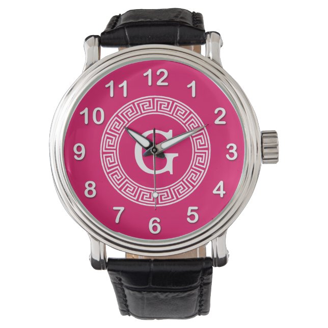 Raspberry Wht Greek Key Rnd Frame Initial Monogram Watch (Front)