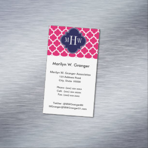 Raspberry Wht Moroccan #5 Navy 3 Initial Monogram Magnetic Business Card