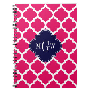 Raspberry Wht Moroccan #5 Navy 3 Initial Monogram Spiral Notebook