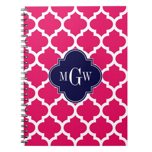 Raspberry Wht Moroccan #5 Navy 3 Initial Monogram Spiral Notebook (Front)