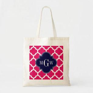 Raspberry Wht Moroccan #5 Navy 3 Initial Monogram Tote Bag