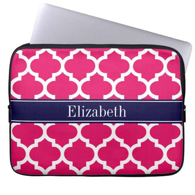Raspberry Wht Moroccan #5 Navy Blue Name Monogram Laptop Sleeve (Front)