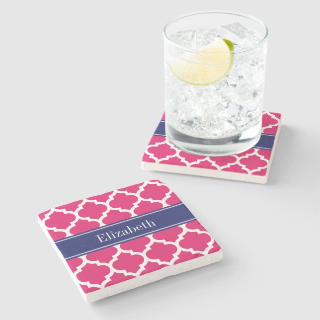 Raspberry Wht Moroccan #5 Navy Blue Name Monogram Stone Coaster (Side)