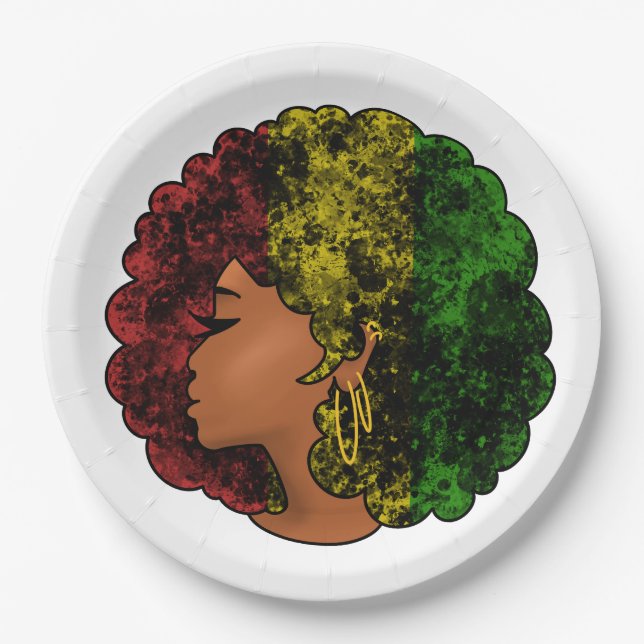 Rasta black girl woman afro red yellow green  paper plate (Front)