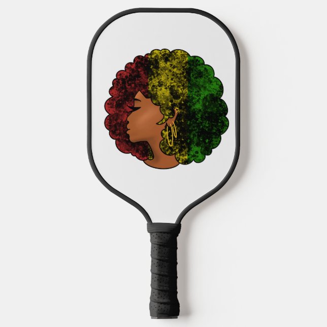 Rasta black girl woman afro red yellow green  pickleball paddle (Front)