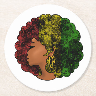 Rasta black girl woman afro red yellow green round paper coaster