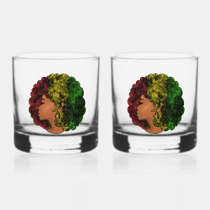 Rasta black girl woman afro red yellow green whiskey glass
