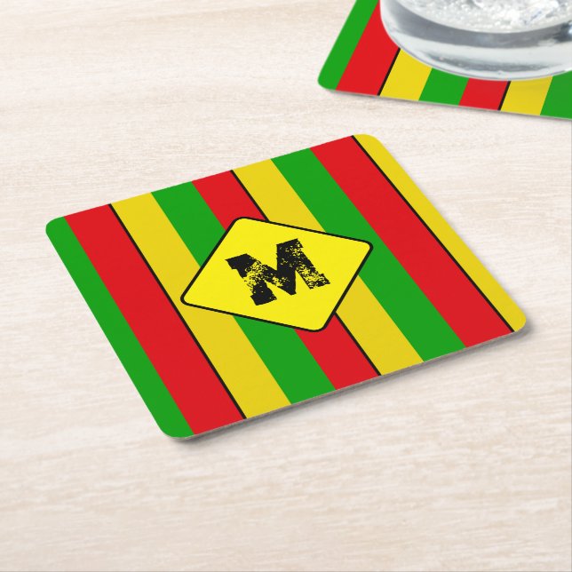 Rasta Flag Colours Striped Monogram Beer Square Paper Coaster (Angled)