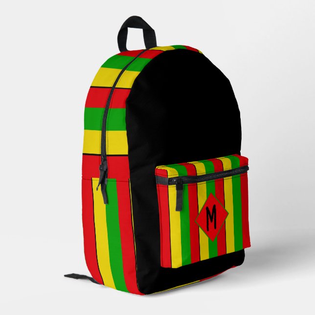 Rasta Flag Colours Striped Monogram Printed Backpack (Back Corner Left)