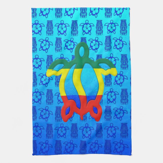 Rasta Honu Blue Tiki Tea Towel (Vertical)