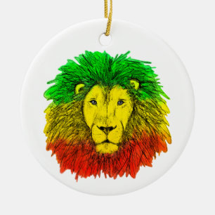 Rasta lion head red yellow green drawing Jamaica Ceramic Tree Decoration