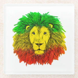Rasta lion head red yellow green drawing Jamaica Glass Coaster