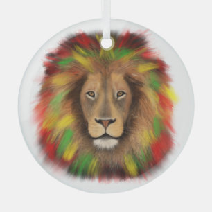 Rasta lion head red yellow green drawing Jamaica Glass Tree Decoration