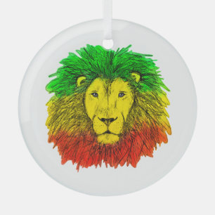 Rasta lion head red yellow green drawing Jamaica  Glass Tree Decoration