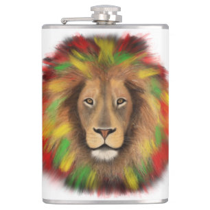 Rasta lion head red yellow green drawing Jamaica Hip Flask