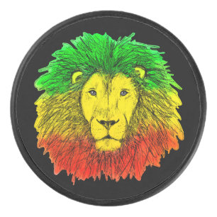 Rasta lion head red yellow green drawing Jamaica  Hockey Puck