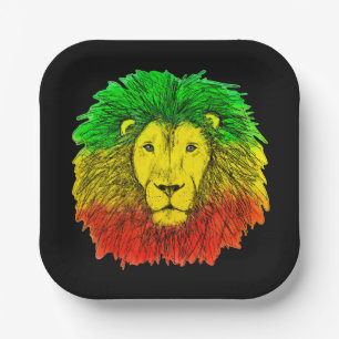 Rasta lion head red yellow green drawing Jamaica Paper Plate