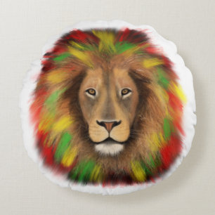 Rasta lion head red yellow green drawing Jamaica Round Cushion