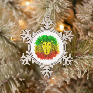 Rasta lion head red yellow green drawing Jamaica  Snowflake Pewter Christmas Ornament