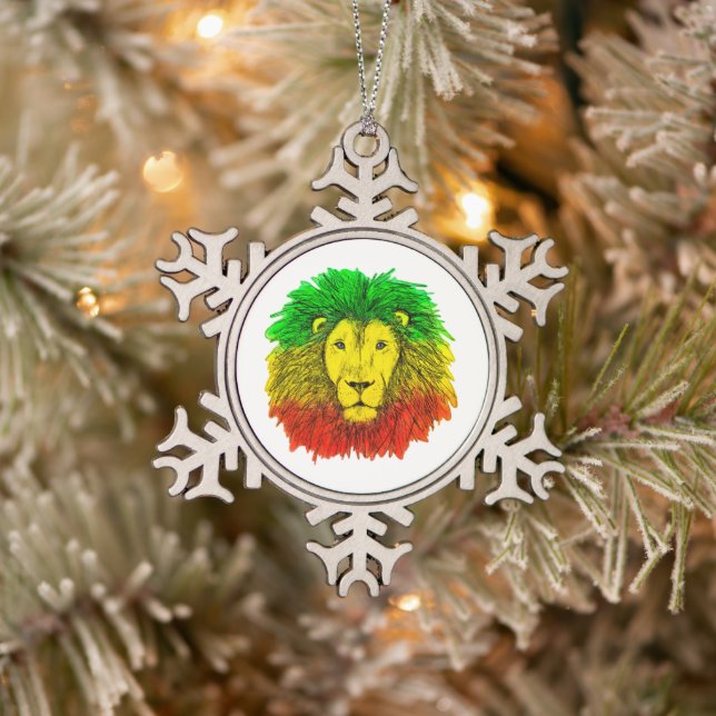 Rasta lion head red yellow green drawing Jamaica  Snowflake Pewter Christmas Ornament (Tree)
