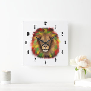 Rasta lion head red yellow green drawing Jamaica  Square Wall Clock
