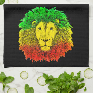 Rasta lion head red yellow green drawing Jamaica  Tea Towel