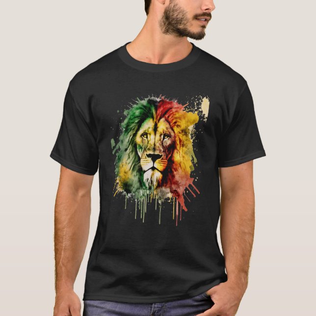 Rasta Lion Rastafari Watercolor Reggae & Jamaica V T-Shirt (Front)