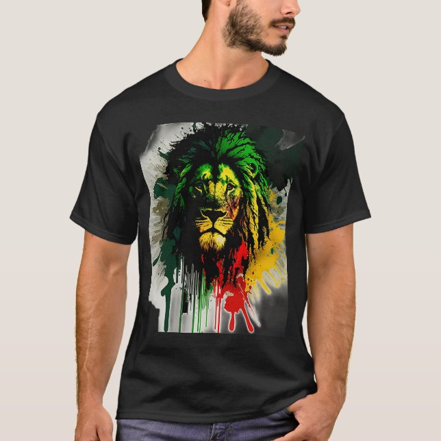 Rasta Lion Stylish Rastafari Watercolor Paint Regg T-Shirt (Front)