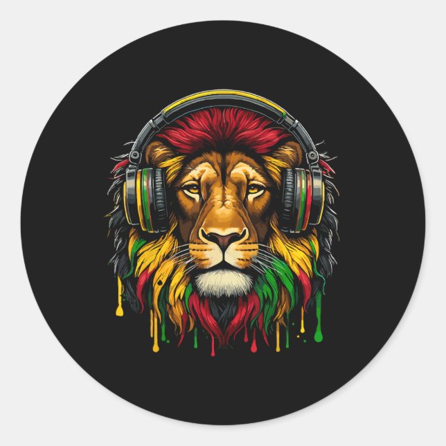 Rasta Raggae Jamaica Music Headphones Lion Of Juda Classic Round Sticker (Front)