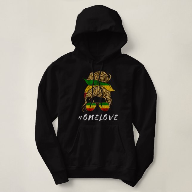 Rasta Reggae Music One Love Messy Bun Hair Jamaica Hoodie (Design Front)