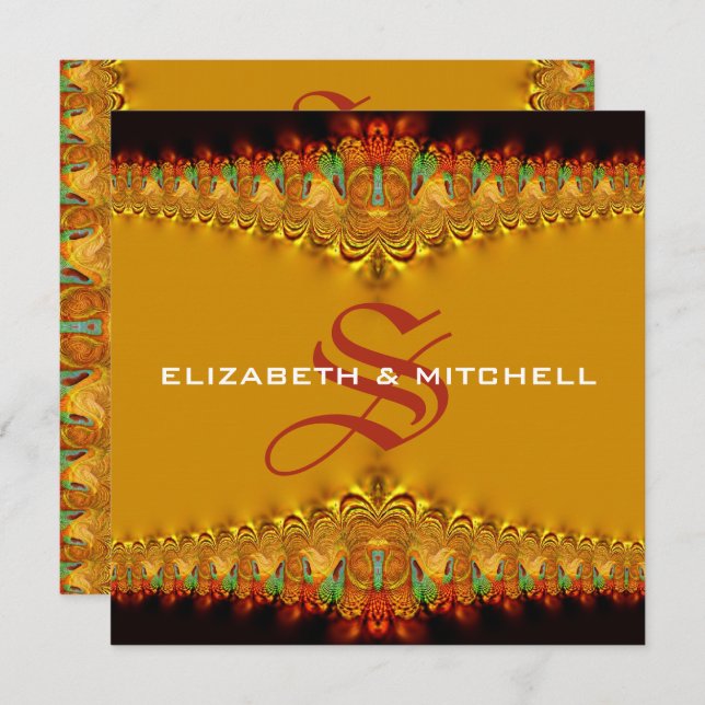 Rasta Tango Gold Lace Monogram Wedding Invitation (Front/Back)