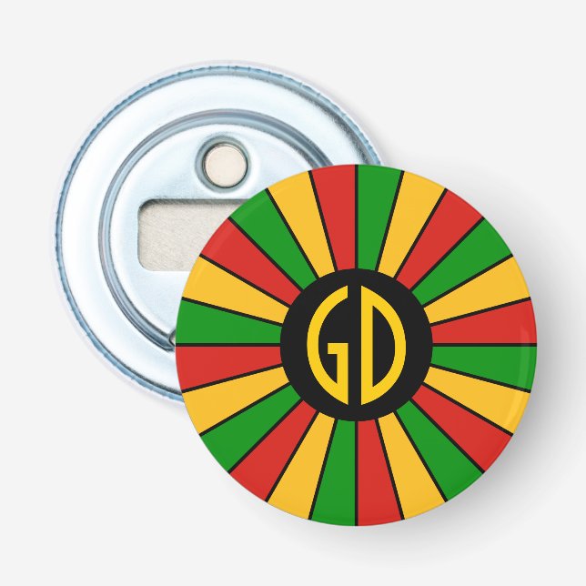 RASTAFARI FLAG BUTTON RAYS + your sign or monogram Bottle Opener (Front)