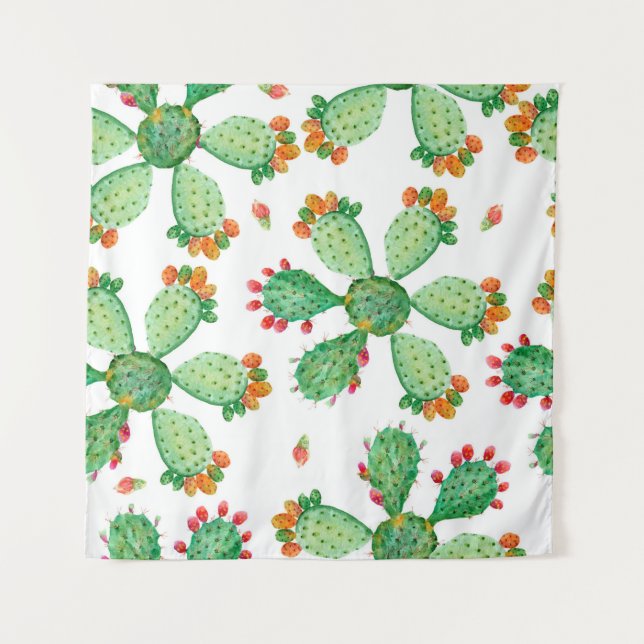 Raster watercolor seamless cactus set background.  tapestry (Front)