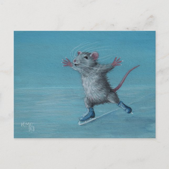 Rat Ice Skating blue skates postcard (Front)