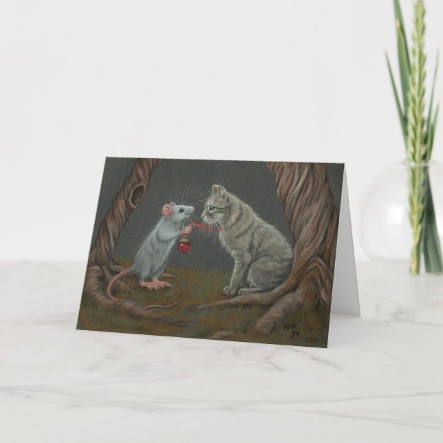 Rat putting bell on cat greeting card (Front)