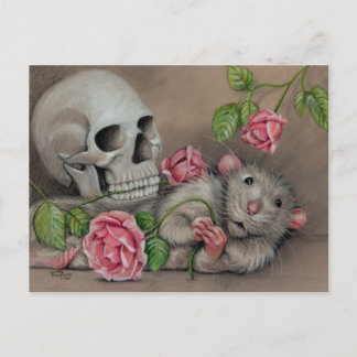 Rat Rose Skull Postcard drawing