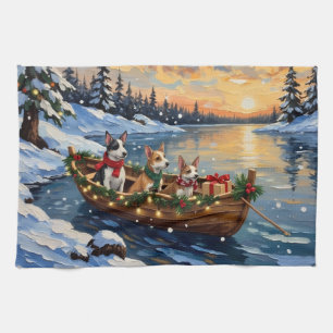Rat Terrier Christmas Boat Holiday Tea Towel