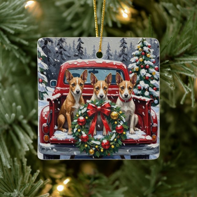 Rat Terrier Christmas Red Truck Holiday Ceramic Ornament (Tree)