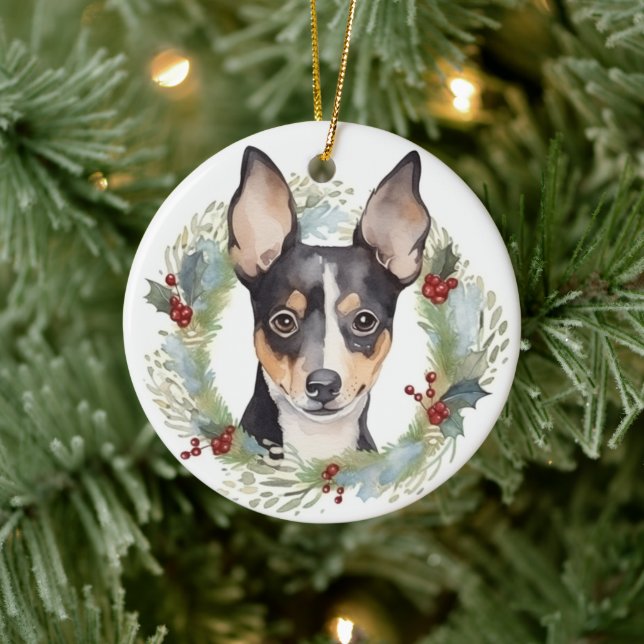 Rat Terrier Christmas Wreath Festive Pup Ceramic Tree Decoration (Tree)