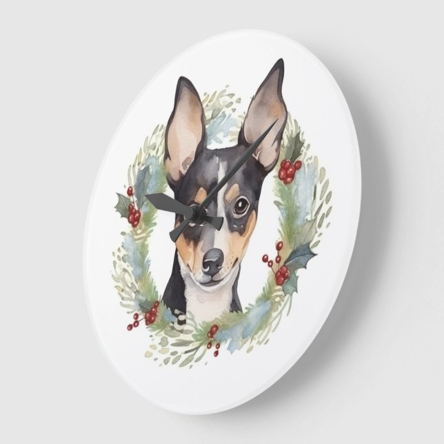 Rat Terrier Christmas Wreath Festive Pup Large Clock (Angle)