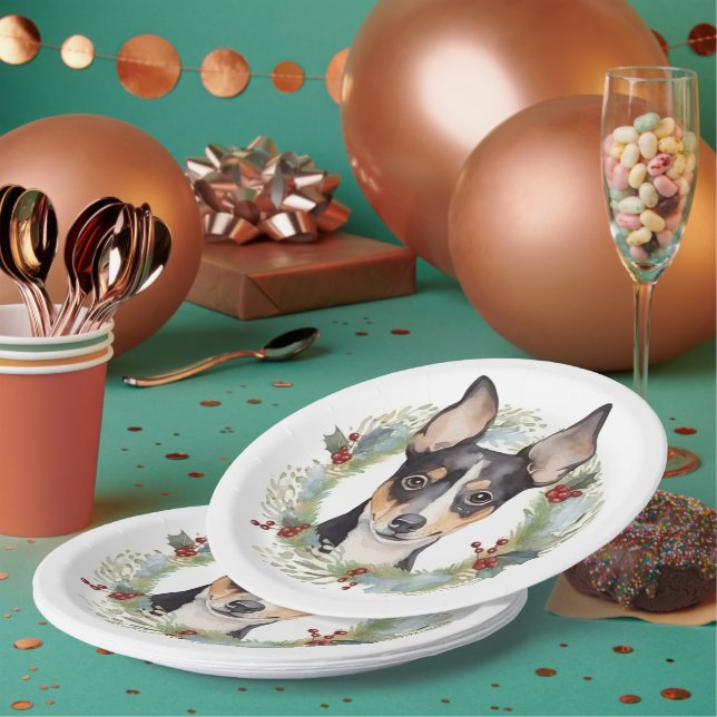 Rat Terrier Christmas Wreath Festive Pup Paper Plate (Multi)