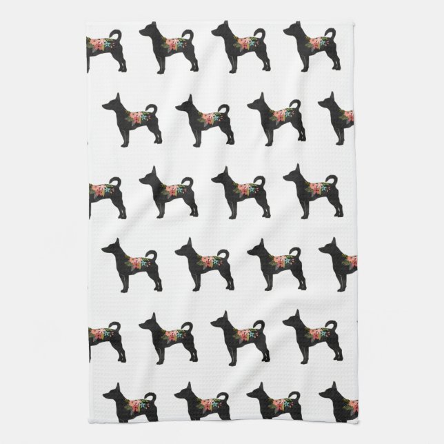 Rat Terrier CN Dog Boho Floral Silhouette Tea Towel (Vertical)