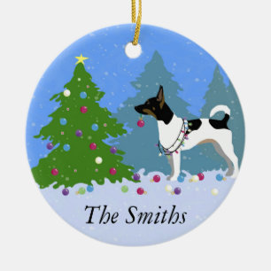 Rat Terrier Decorating a Christmas Tree in Forest Ceramic Tree Decoration