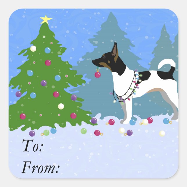 Rat Terrier Decorating a Christmas Tree in Forest Square Sticker (Front)