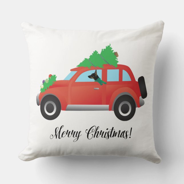 Rat Terrier Dog Driving a Christmas Car Cushion (Front)